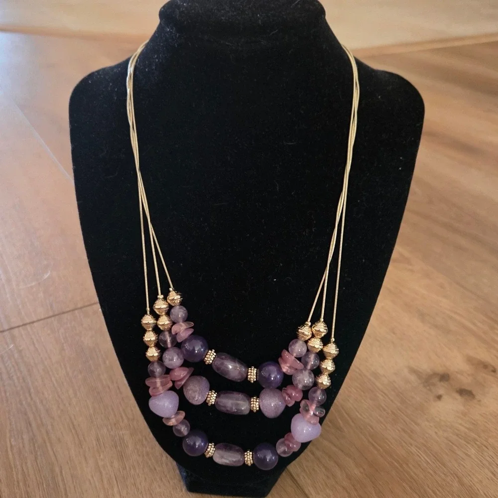 Chico's Beaded Statement‎ Necklace Purple Agate Aventurine Gold Tone 3-Strand
